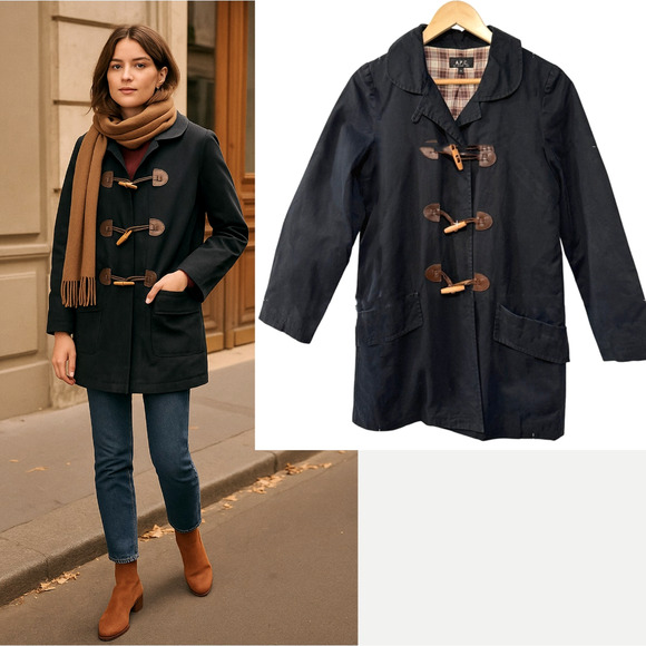 APC Paris S Wax Coated Leather Toggle Duffle Coat $495 Plaid Lined Jacket Black - Picture 12 of 12